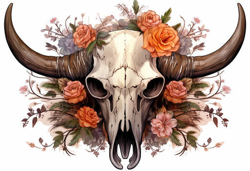 Bull skull adorned with flowers and thorns