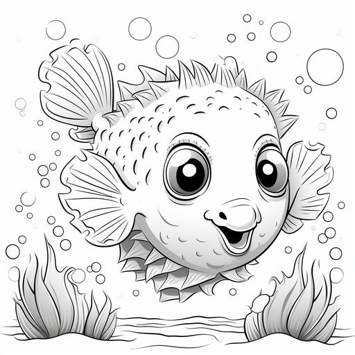 Pufferfish coloring page, childlike illustrations