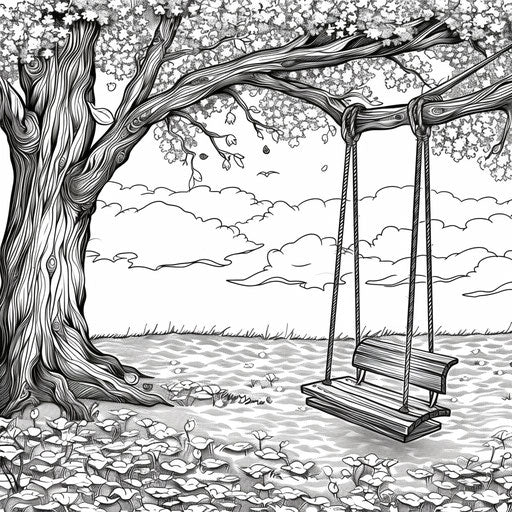 Garden swing hanging from a blossoming tree