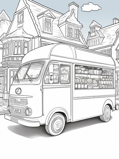 Ice cream van coloring page for kids, in grisaille style