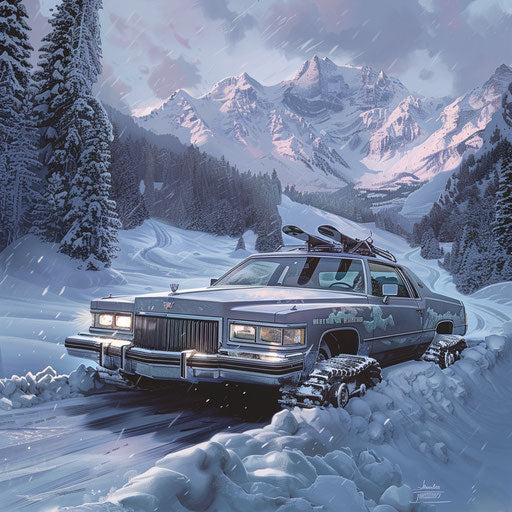 Vintage Cadillac crossing snowy mountain pass