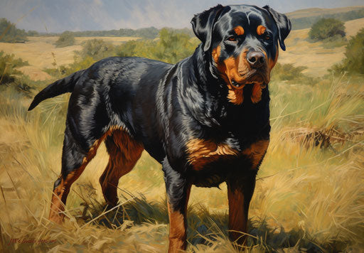 Dog on grassy field, light orange and dark black, energetic curves