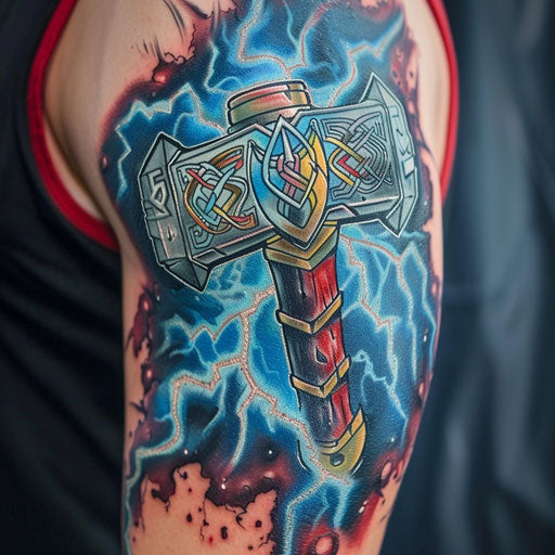 Thor's hammer with blue bolts on white background