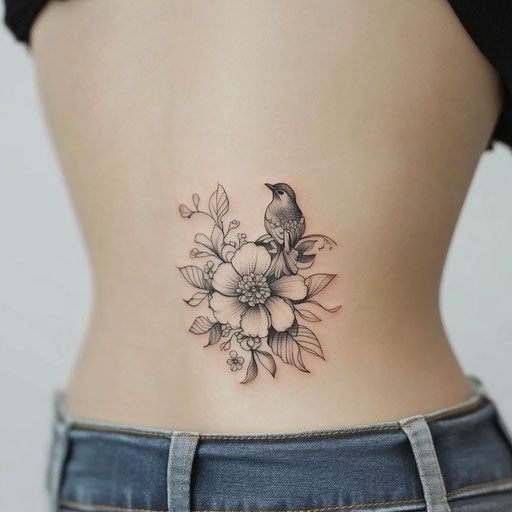 Lower back tattoos for women on a Pure White Background in the style of Humberto Ramos
