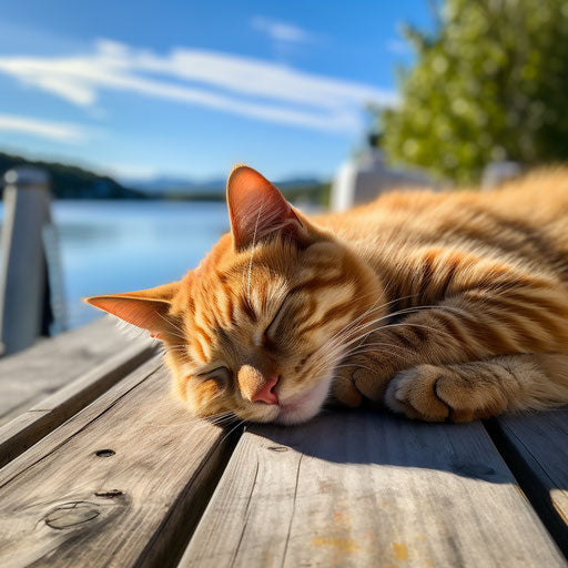 Ginger cat lying on a dock