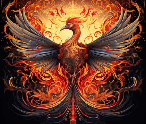 Red and orange phoenix bird in art nouveau style