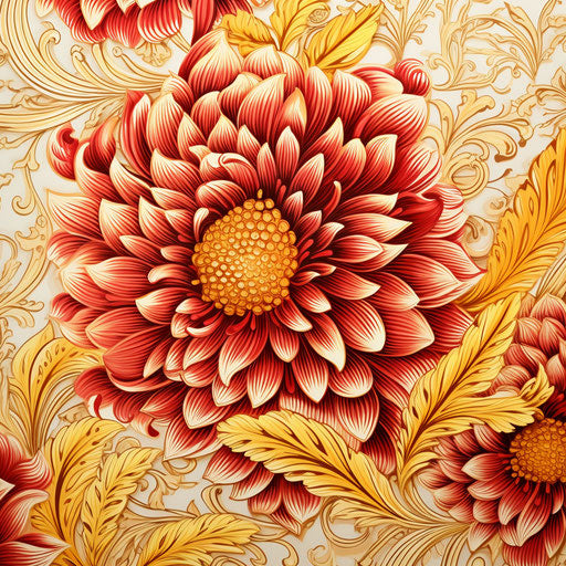 Floral pattern with red and yellow colors, intricate pen illustrator style, light red and light gold, Hindu art and architecture