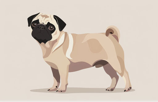 Pug puppy on white background, folk style, maroon and beige