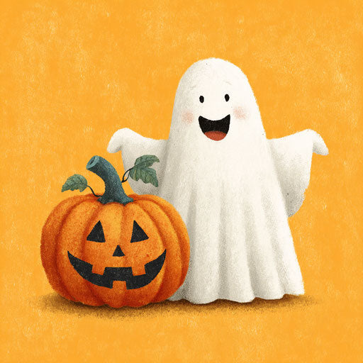 Cheerful ghost beside a classic Halloween pumpkin
