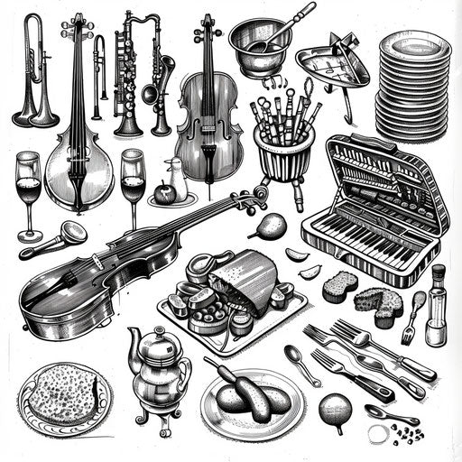 Musical potluck scene with instruments and food
