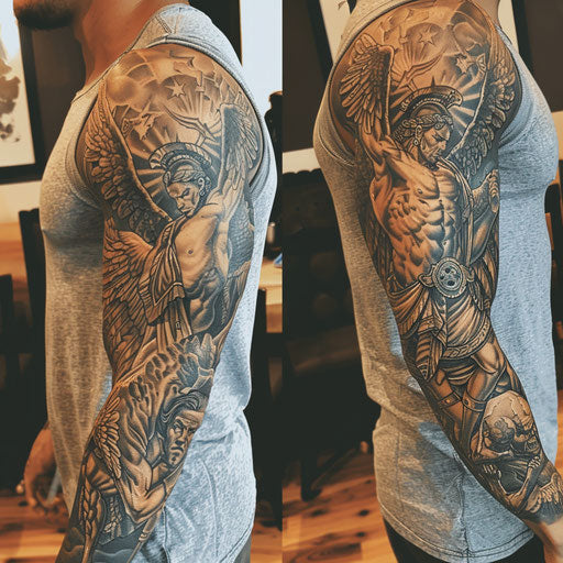 Warrior angels sleeve tattoo in the style of Steve McNiven