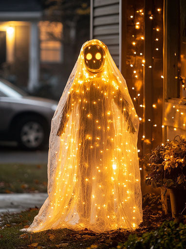 Light-up Halloween ghost with lights and gauze, spooky atmosphere