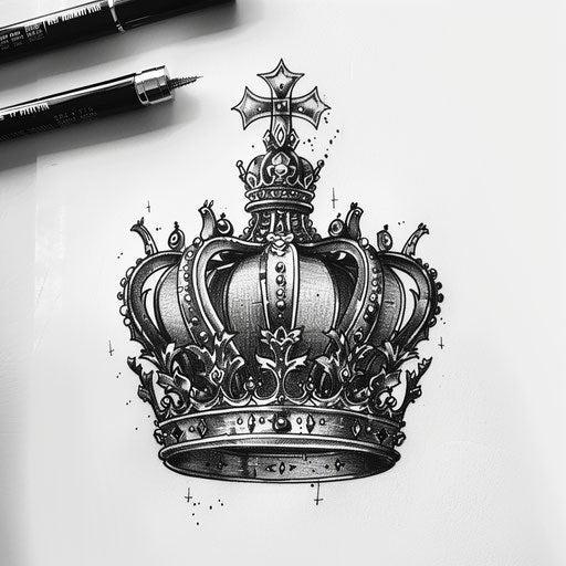 Detailed sketch style of a king crown tattoo, fine lines and hatching in black ink on pure white background