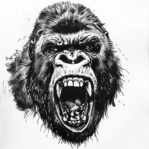 Detailed black ink illustration of a fierce gorilla face for tattoo