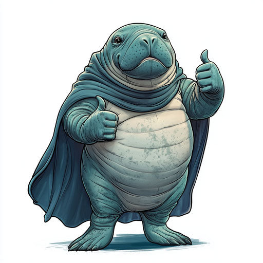 Humorous caricature of a manatee with human characteristics