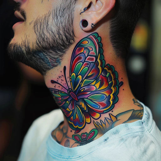 Butterfly neck tattoo vibrant colors