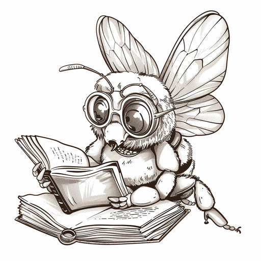 Whimsical bee with glasses reading a book