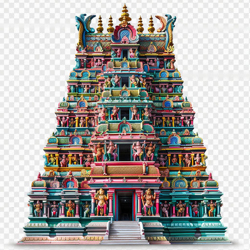 Realistic temple illustration on white background, vibrant colors and intricate textures