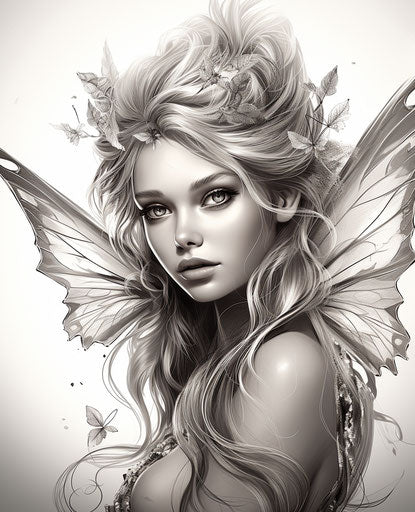 Drawing of an amazing fairy with wings coloring page, in the style of oliver wetter, realistic yet stylized 25:31