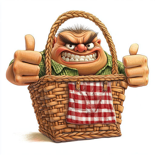 Humorous caricature of a picnic basket with human characteristics