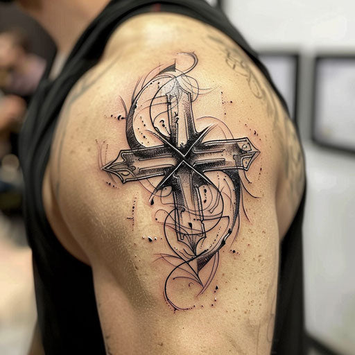 Abstract strength cross tattoo blending swirls and sharp angles