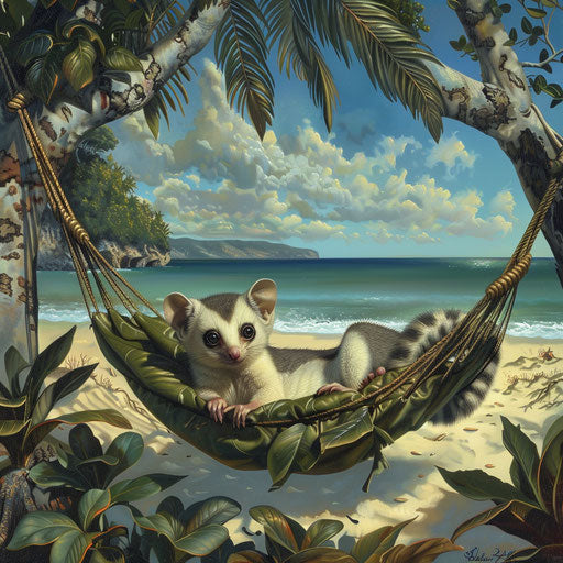 A sugar glider relaxing in a hammock of leaves on a tropical beach