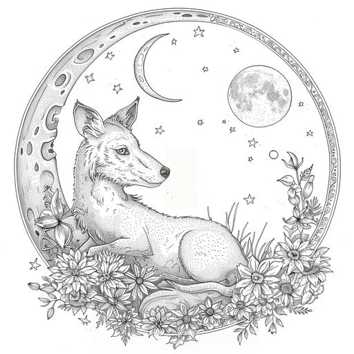 Nature-themed moon with whimsical animals - coloring page