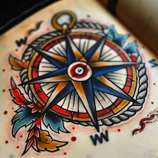 Nautical tattoo sketch of a compass rose with classic elements and bold colors