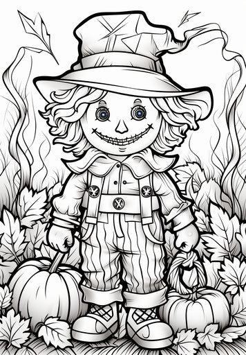 Scarecrow coloring page for children, monochromatic style