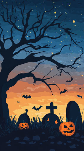 Halloween background with dark tree, pumpkins, and vampire in graveyard, night scene wallpaper for mobile phone. 29:52