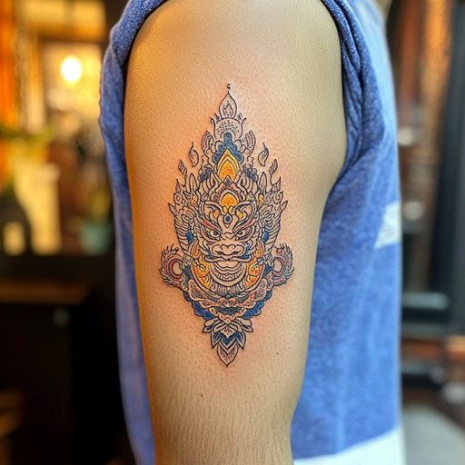 Sak yant tattoo with protective Hah Taew design, Ed Hardy style