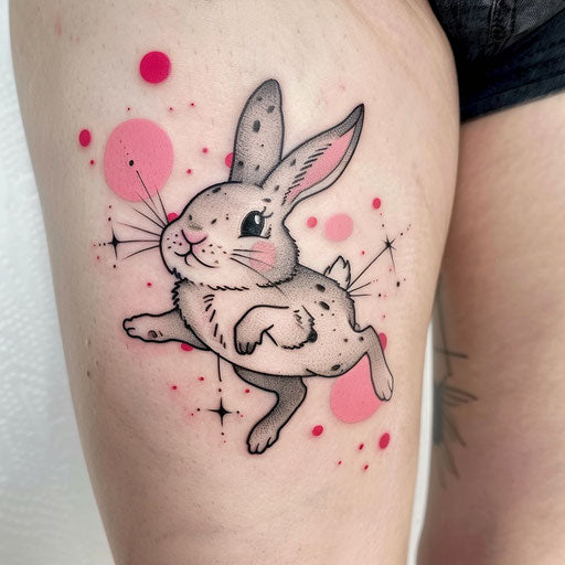 Flat tattoo sketch of a playful leaping bunny