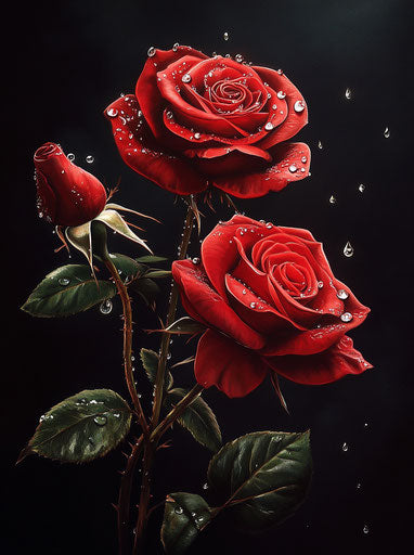 Three red roses with rain drops and diamonds