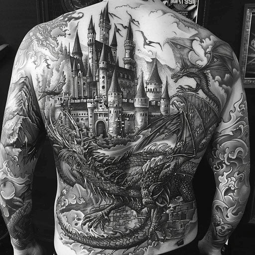 Fantasy back tattoos with dragons and castles for men
