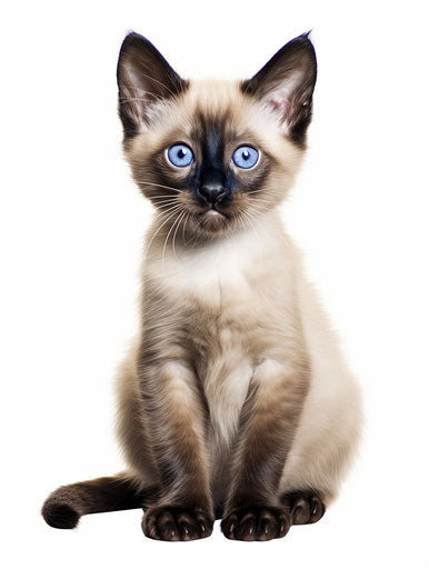 Siamese kitten sitting on white background, Firmin Baes style, light maroon and dark indigo, dollcore, dark white and light beige