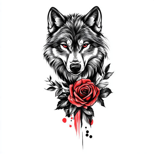 Flat tattoo sketch of wolf with roses in black and red