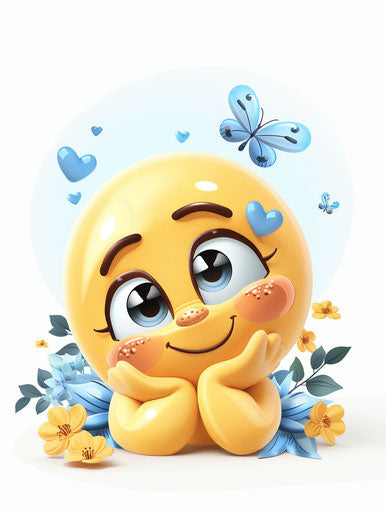 Yellow smiley face with blue hearts on white background