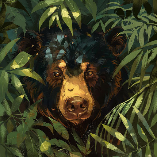 Sun bear hidden among the dense foliage