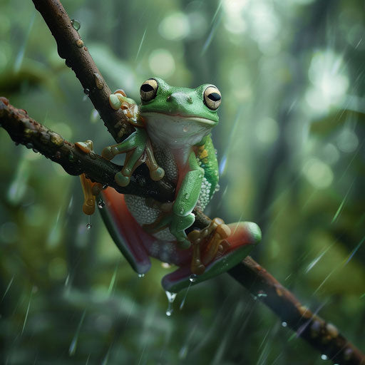 Tree frog in misty rainforest morning