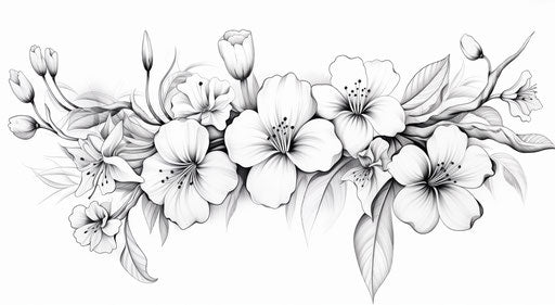 Black and white flowers drawing, cherry style, tropical symbolism