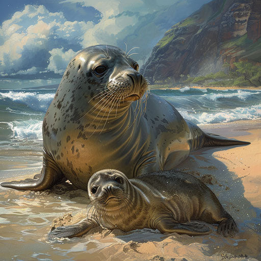 Hawaiian monk seal and pup on a secluded beach