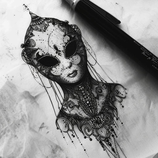 Flat tattoo sketch of No-Face with intricate, lace-like mask detailing