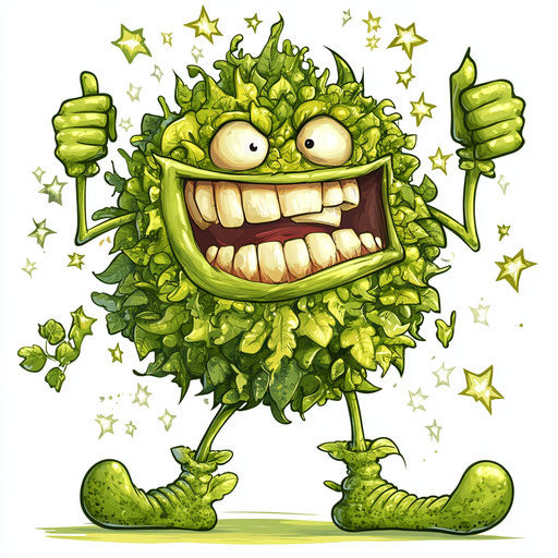 Humorous caricature of a greenery caricature clipart with human characteristics, exaggerated grin teeth, with toes feet, surrounded by stars, vibrant colors, cartoon style, thumbs down