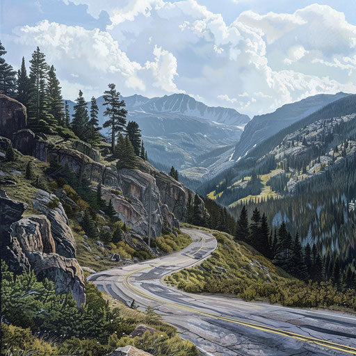 Trail Ridge Road with wildlife crossing, rugged terrain, in the style of Corey Arnold