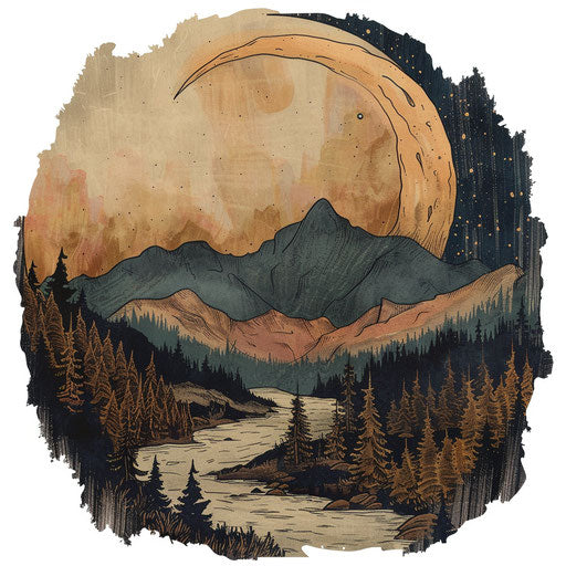 Half moon over mountain landscape, rustic clipart style