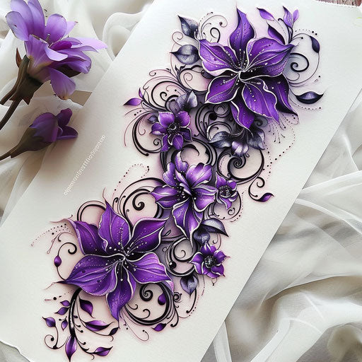 Gothic style lilac tattoo on white background
