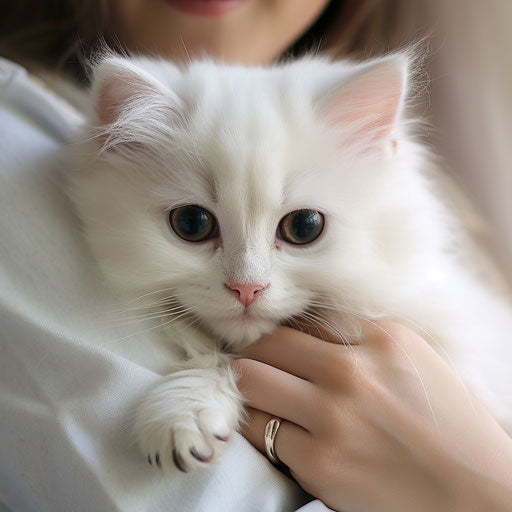 White cat held by its owner