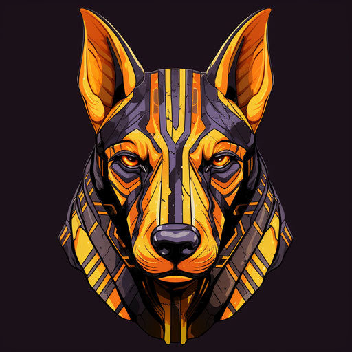 Egyptian dog head in orange and yellow outfit