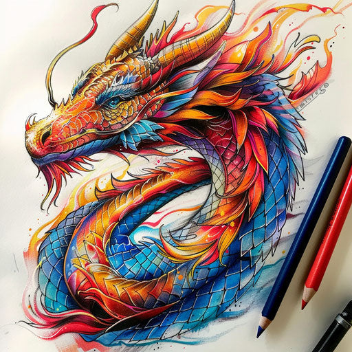 Sketch of a mystical dragon tattoo with flames and detailed scales