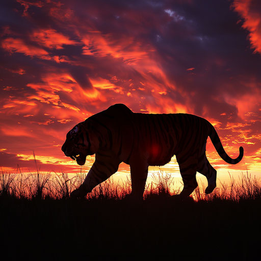 Sabertooth tiger silhouette against dramatic sunset